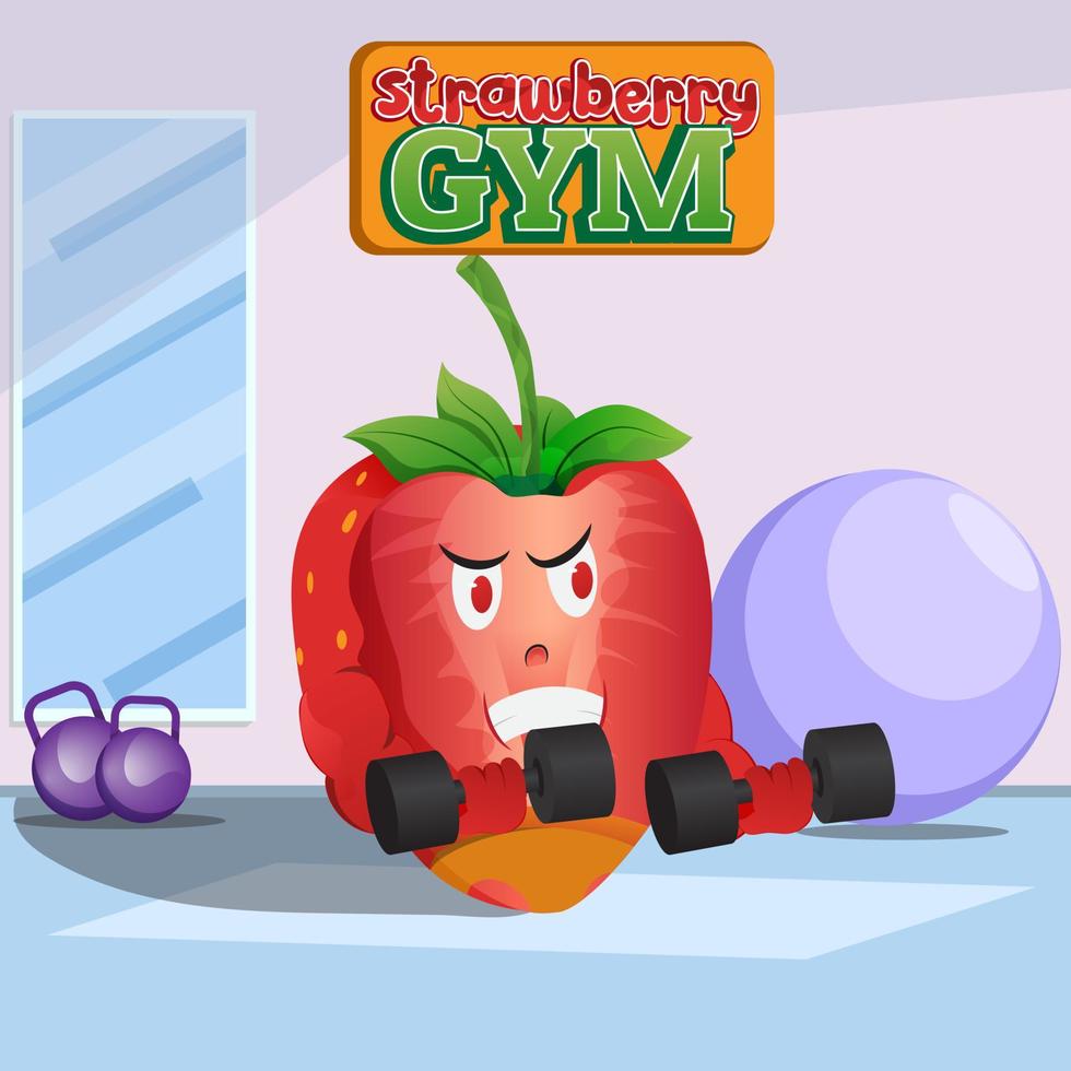 illustration av jordgubbar som värmer upp, lyfter vikter på gymmet. design bra för affisch och t-shirt screentryck kläder design. vektor