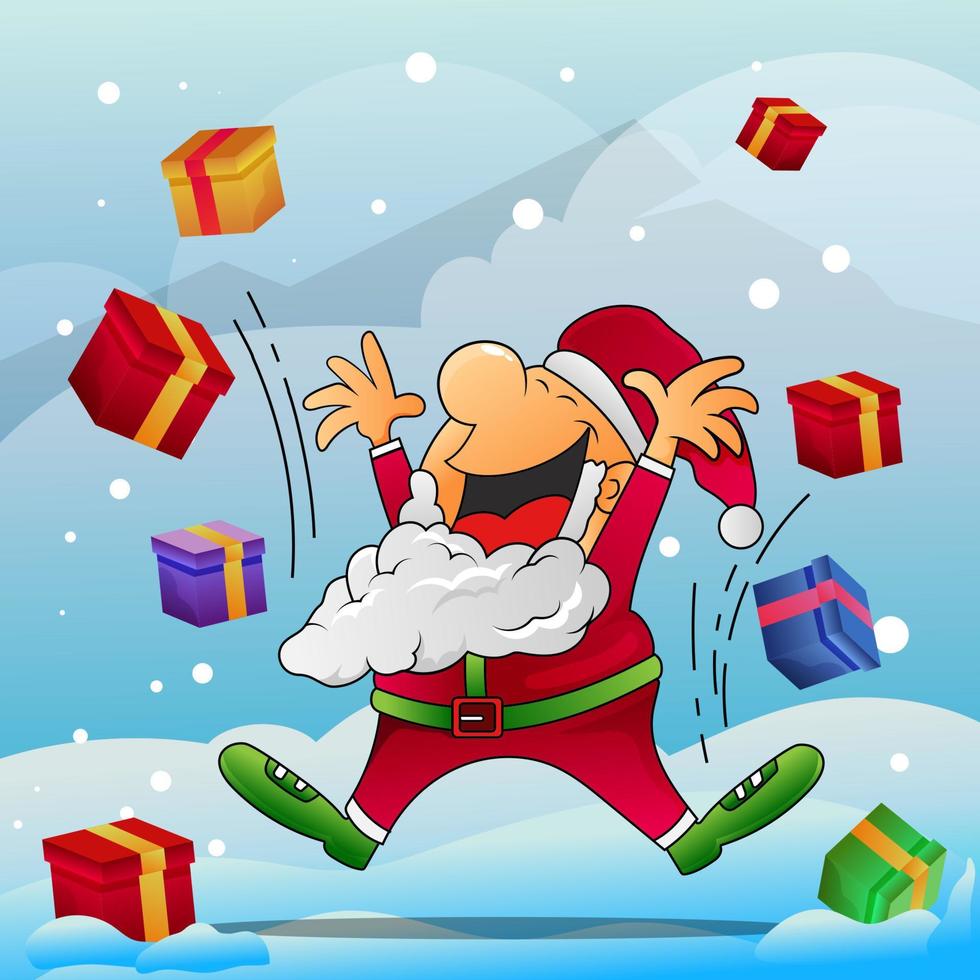 Weihnachtsmann-Weihnachtskarte mit Geschenk, handgezeichneter Stil. vektorweihnachtsillustration mit schneelandschaftsverzierung und netten tieren vektor