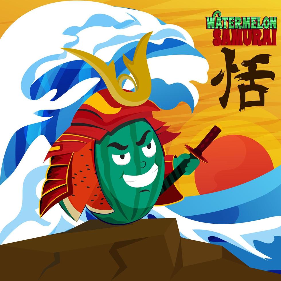 Abbildung Wassermelone verwenden Kostüm Samurai auf dem Meer im japanischen Stil. Design gut für Poster- und T-Shirt-Siebdruck-Kleidungsdesign. vektor