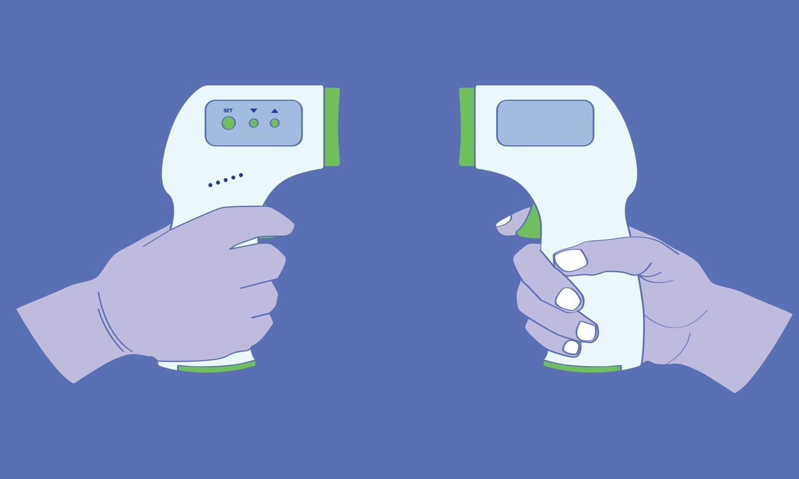 hand som håller den medicinska infraröda panntermometern 2 sidovy för upptäckt coronavirus sjukdom covid-19. vektor illustration eps10