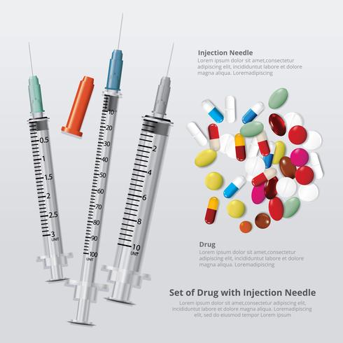 Set of Drug with Injection Needle Realistic Vector Illustration