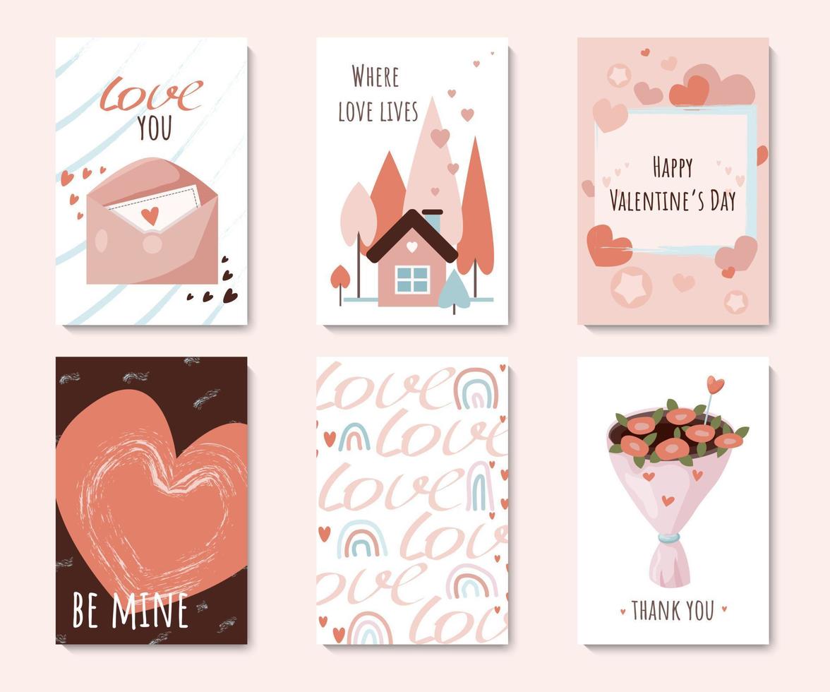 Happy Valentine's Day Grußkarten-Set mit 6 süßen Vorlagen. Sammlung perfekt für Poster, Geschenkanhänger, Etiketten, Flyer, Einladungen. Vektor-Illustration vektor