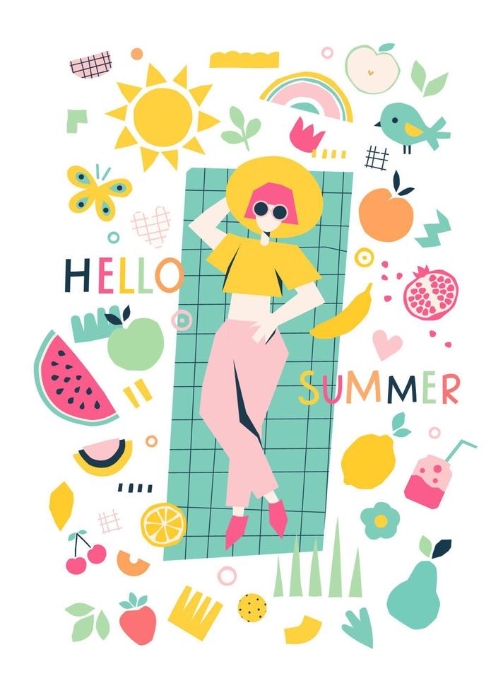en kvinna på en schäslong omgiven av solens och regnbågens frukter. konceptet med en sommarsemester, en picknick på stranden vektor
