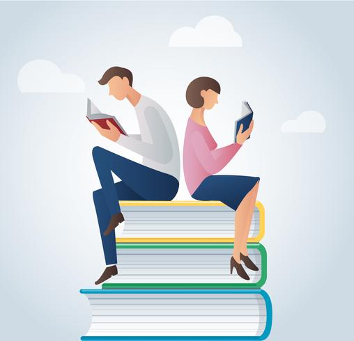 man och kvinna läser böcker som sitter på många böcker vektor illustration
