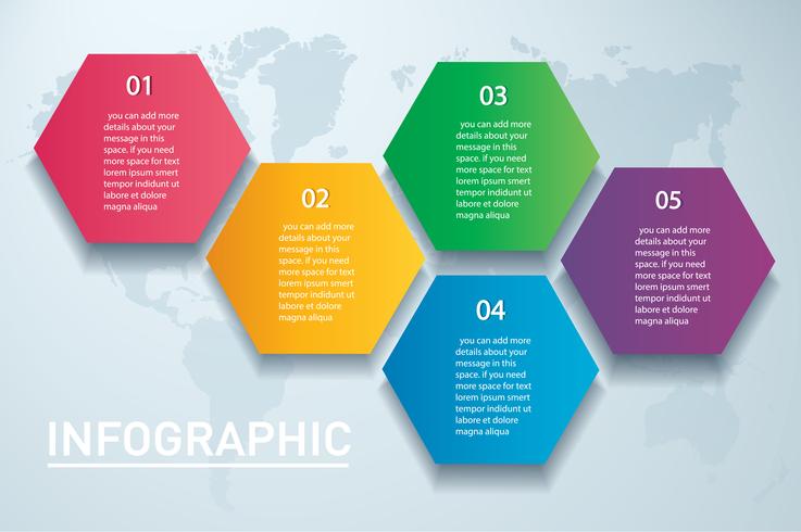 färgglada hexagon infographic vektor mall med 5 alternativ. Kan användas för webb, diagram, diagram, presentation, diagram, rapport, steg för steg infographics. Abstrakt bakgrund