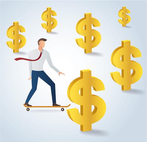 affärsman på skateboard med dollar pengar ikon vektor illustration