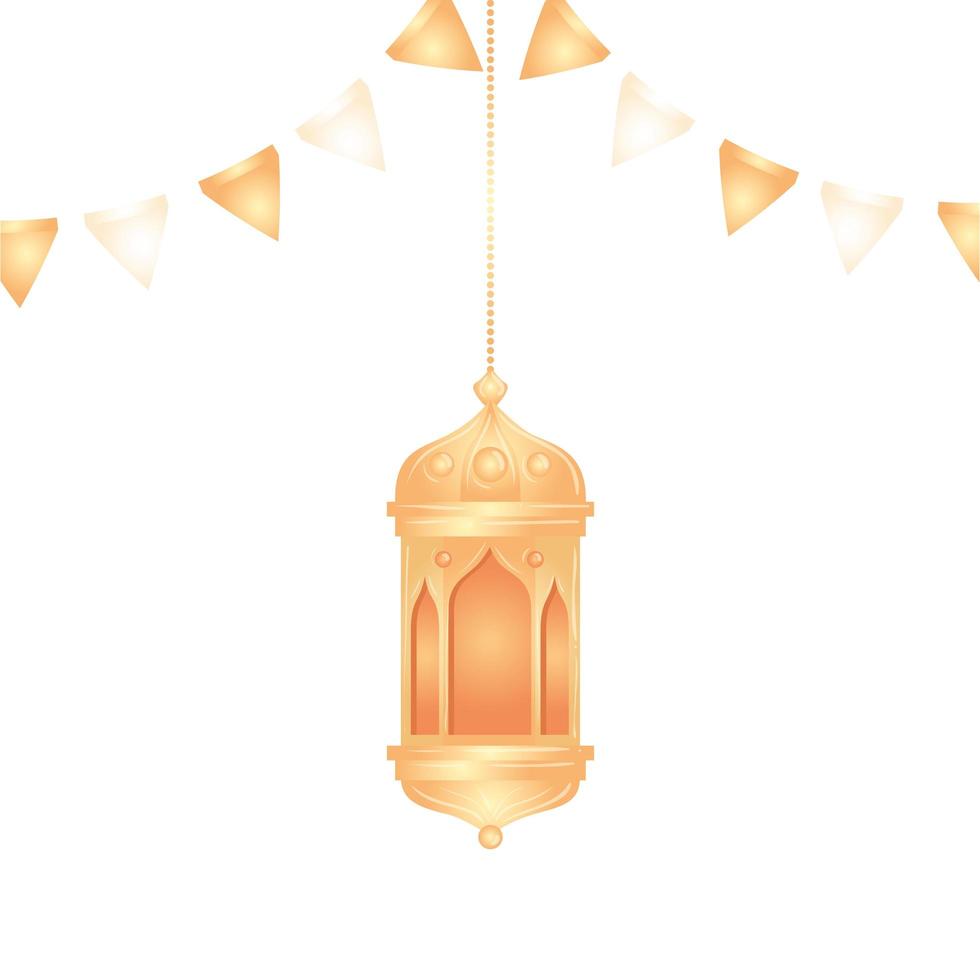 ramadan kareem-laternen, die mit girlandendekoration hängen, goldene laternen, die auf weißem hintergrund hängen vektor