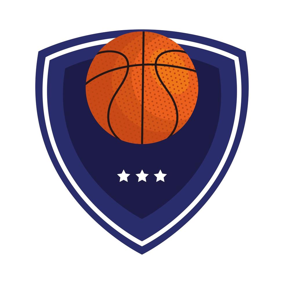 basket, emblem, design med basketboll, med sköld och stjärnor vektor