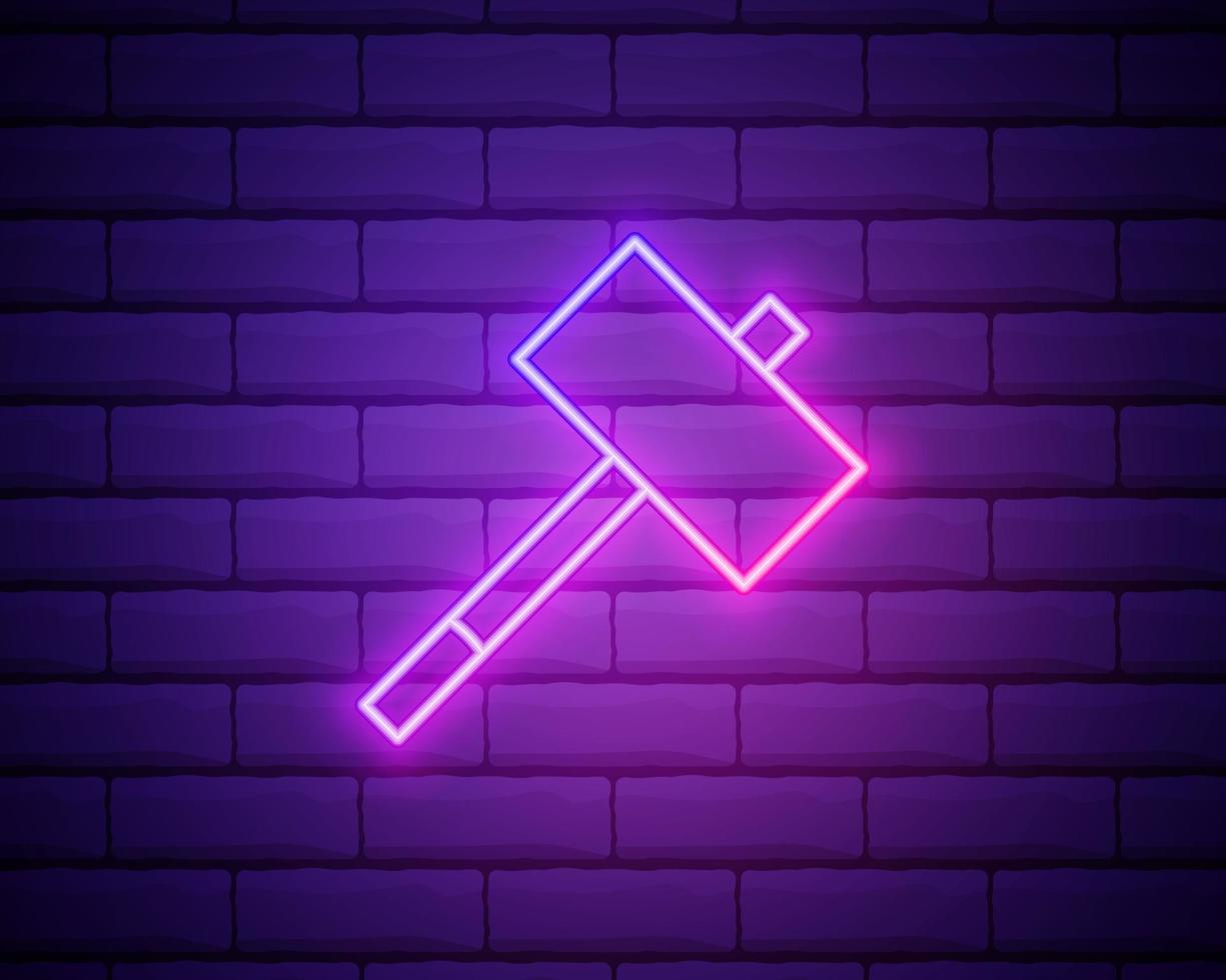 Hammer-Neon-Symbol. Vektorillustration für Design. Hammer leuchtendes Zeichen. Bauwerkzeugkonzept isoliert auf Backsteinmauer vektor