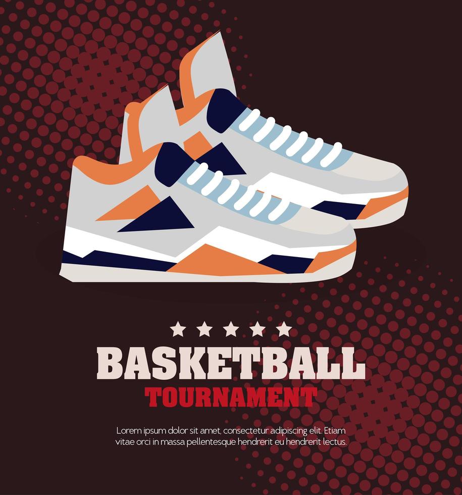 basketballturnier, emblem, design mit basketballball und sneakerschuhen vektor