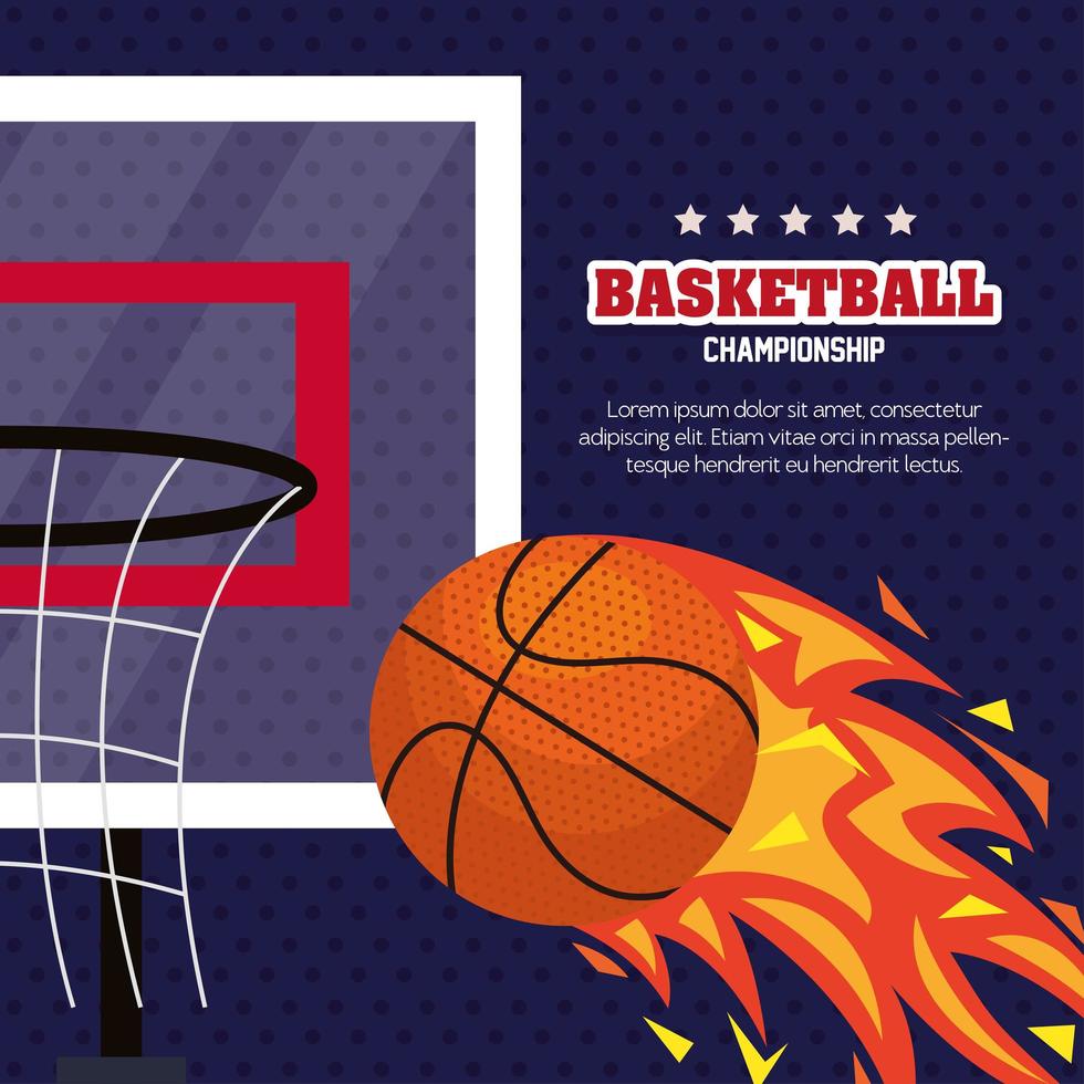basket mästerskap, emblem, design med boll av basket i flammande vektor