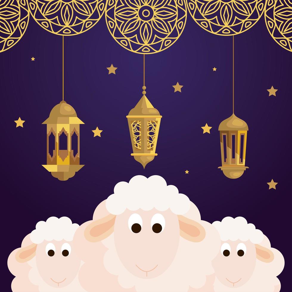 eid al adha mubarak, fröhliches opferfest, schafe mit hängenden laternen und dekoration vektor