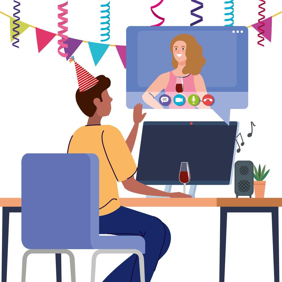 online-fest, träffa vänner, par har online-party tillsammans i karantän, videokonferens, party-webbkamera online-semester vektor