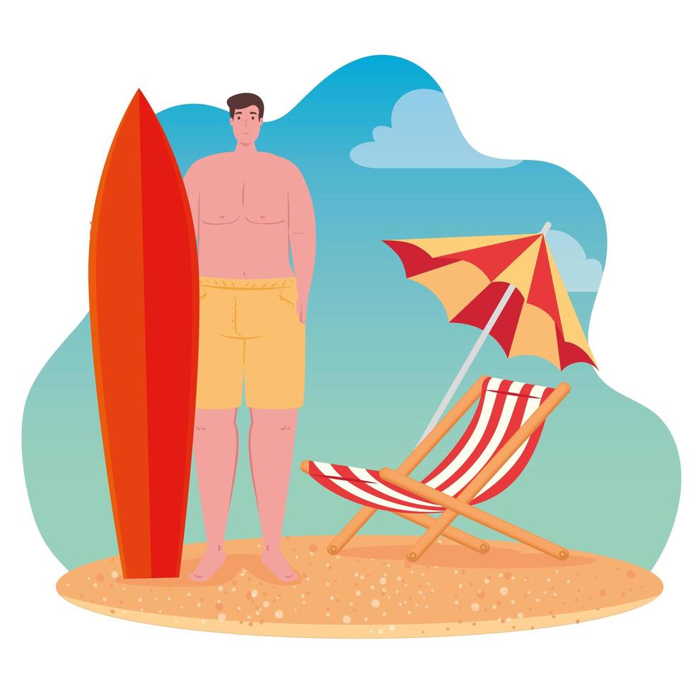 man i shorts med surfbräda, stol och paraply, scen för stranden, sommarlovssäsong vektor