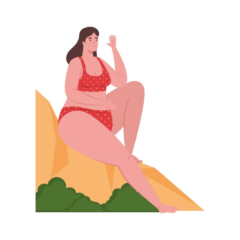 nette pralle Frau, die mit roter Farbe des Badeanzugs auf weißem Hintergrund sitzt vektor