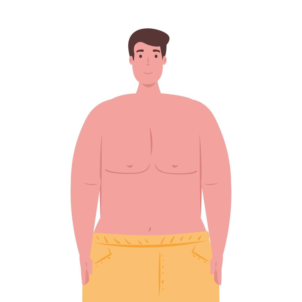 Mann in Shorts gelber Farbe, fröhlicher Kerl im Badeanzug auf weißem Hintergrund vektor