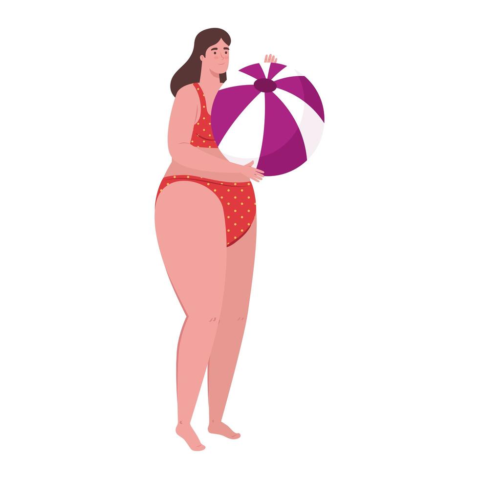 süße pralle Frau im roten Badeanzug mit Kugelplastik auf weißem Hintergrund vektor