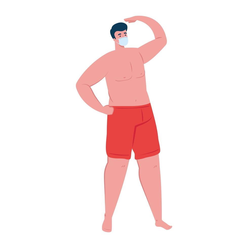 mann in shorts roter farbe, mit medizinischer maske, covid 19 sommerferien vektor