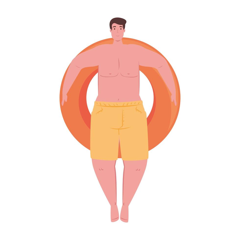 mann mit shorts gelber farbe, glücklicher kerl im badeanzug im schwimmerkreis des rettungsschwimmers vektor