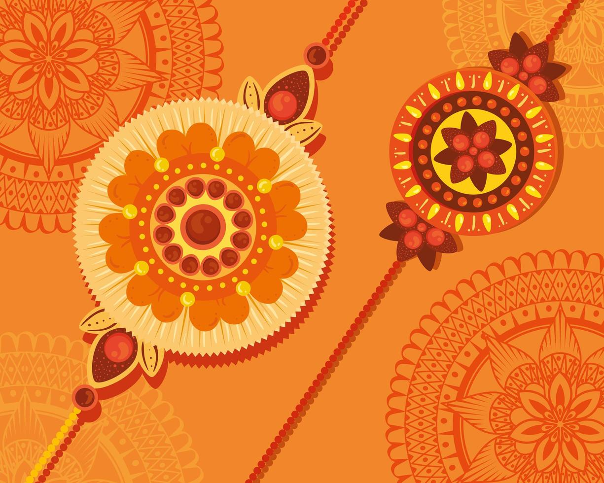 gratulationskort med dekorativ uppsättning rakhi för raksha bandhan, indisk festival för brors och systras bindningsfirande, det bindande förhållandet vektor