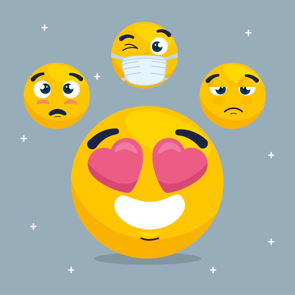 emoji härlig med fastställda emojis, uppsättning ansikten gula vektor