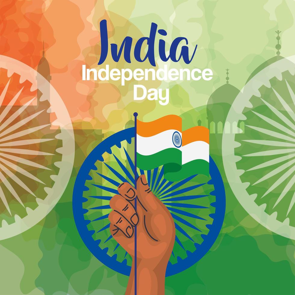 indischer glücklicher unabhängigkeitstag, ashoka chakra und hand mit flagge vektor