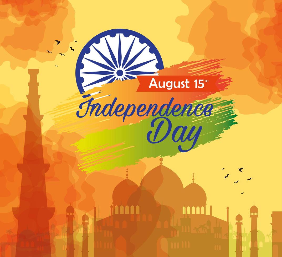 indisk glad självständighetsdagen, firande 15 augusti, med siluett av traditionella monument vektor