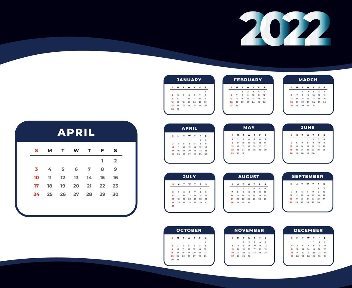 kalender 2022 april månad gott nytt år abstrakt design vektorillustration vit och mörkblå vektor