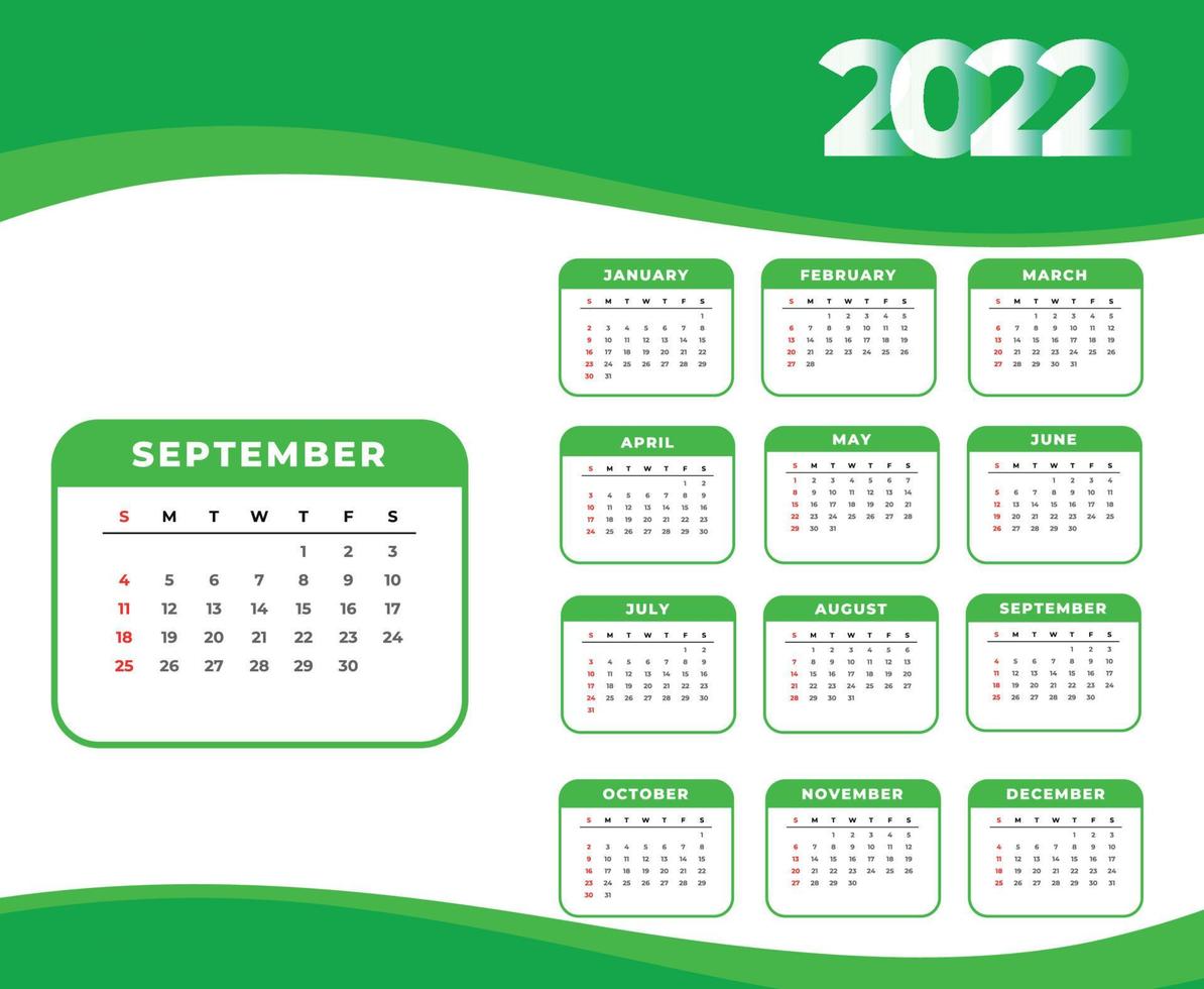 kalender 2022 september monat frohes neues jahr abstraktes design vektorillustration weiß und grün vektor