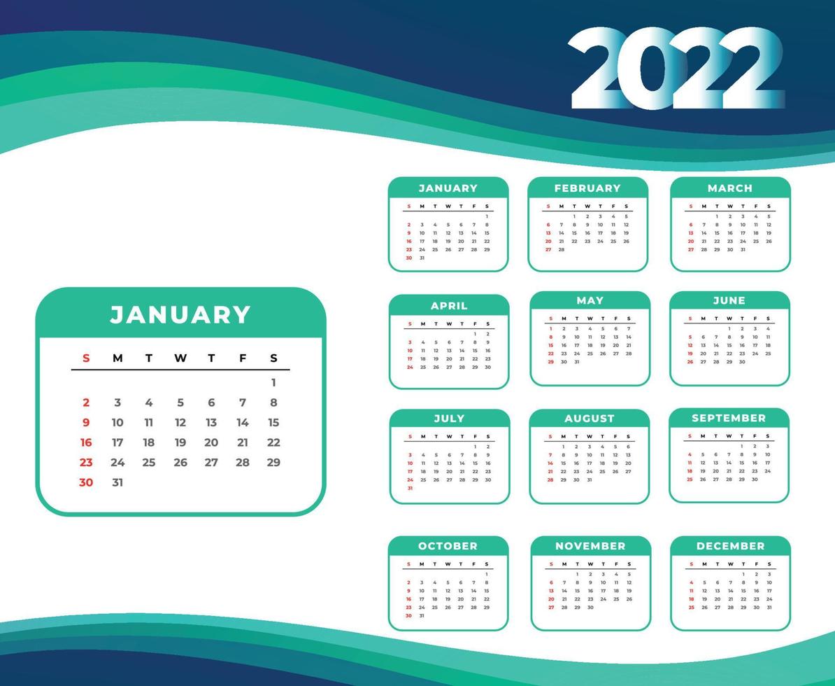 kalender 2022 januar monat frohes neues jahr abstraktes design vektorillustration weiß und cyan vektor