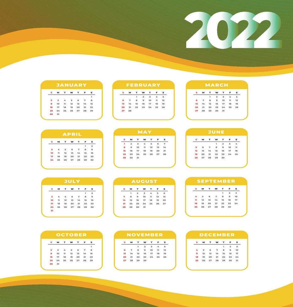 kalender 2022 månader gott nytt år abstrakt design vektorillustration vit och gul vektor