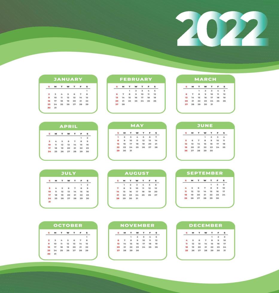 Kalender 2022 Monate frohes neues Jahr abstrakte Designvektorillustration weiß und grün vektor