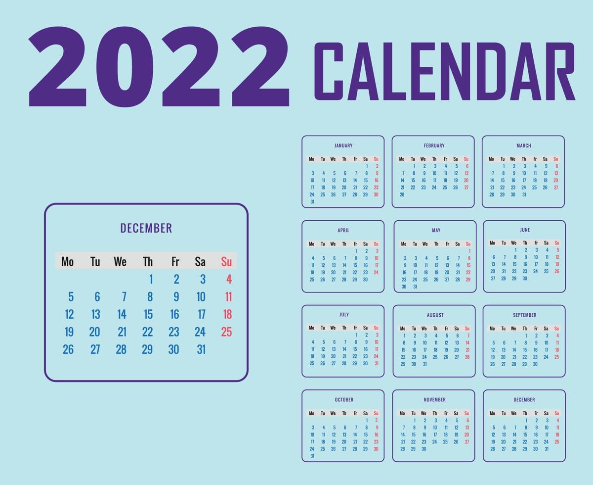 kalender 2022 december månad gott nytt år abstrakt design vektorillustration lila med cyan bakgrund vektor