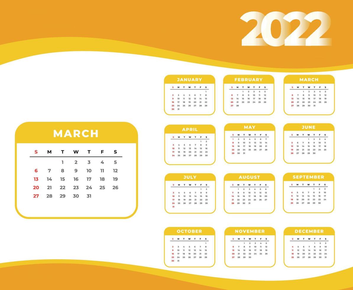 kalender 2022 mars månad gott nytt år abstrakt design vektorillustration vit och gul vektor