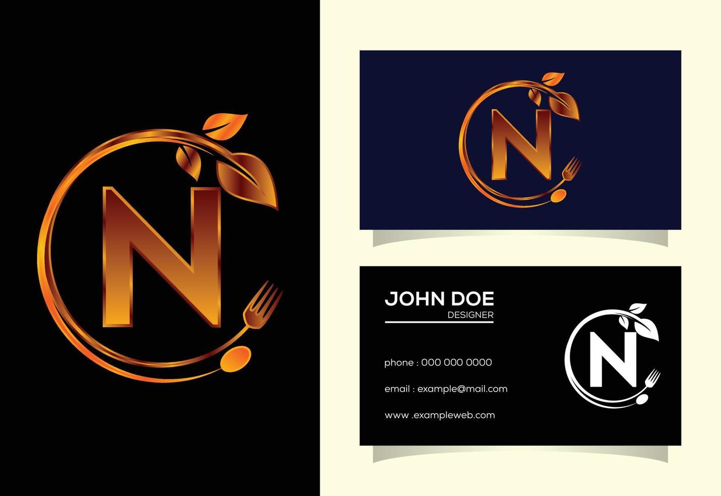 anfängliches n-monogrammalphabet mit einer gabel, einem löffel und einem blatt. Logo für gesunde natürliche Lebensmittel. Logo für Café vektor