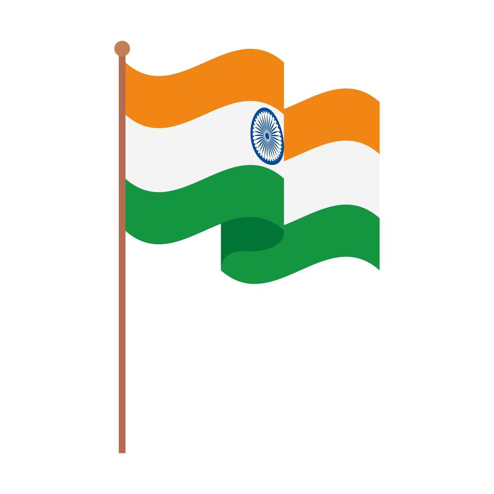 Indiens flagga, Indiens nationella flagga på en stång, på vit bakgrund vektor
