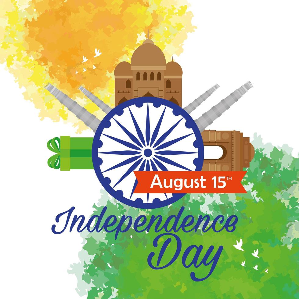 indischer glücklicher unabhängigkeitstag, feier am 15. august, mit ashoka chakra und traditionellen monumenten vektor