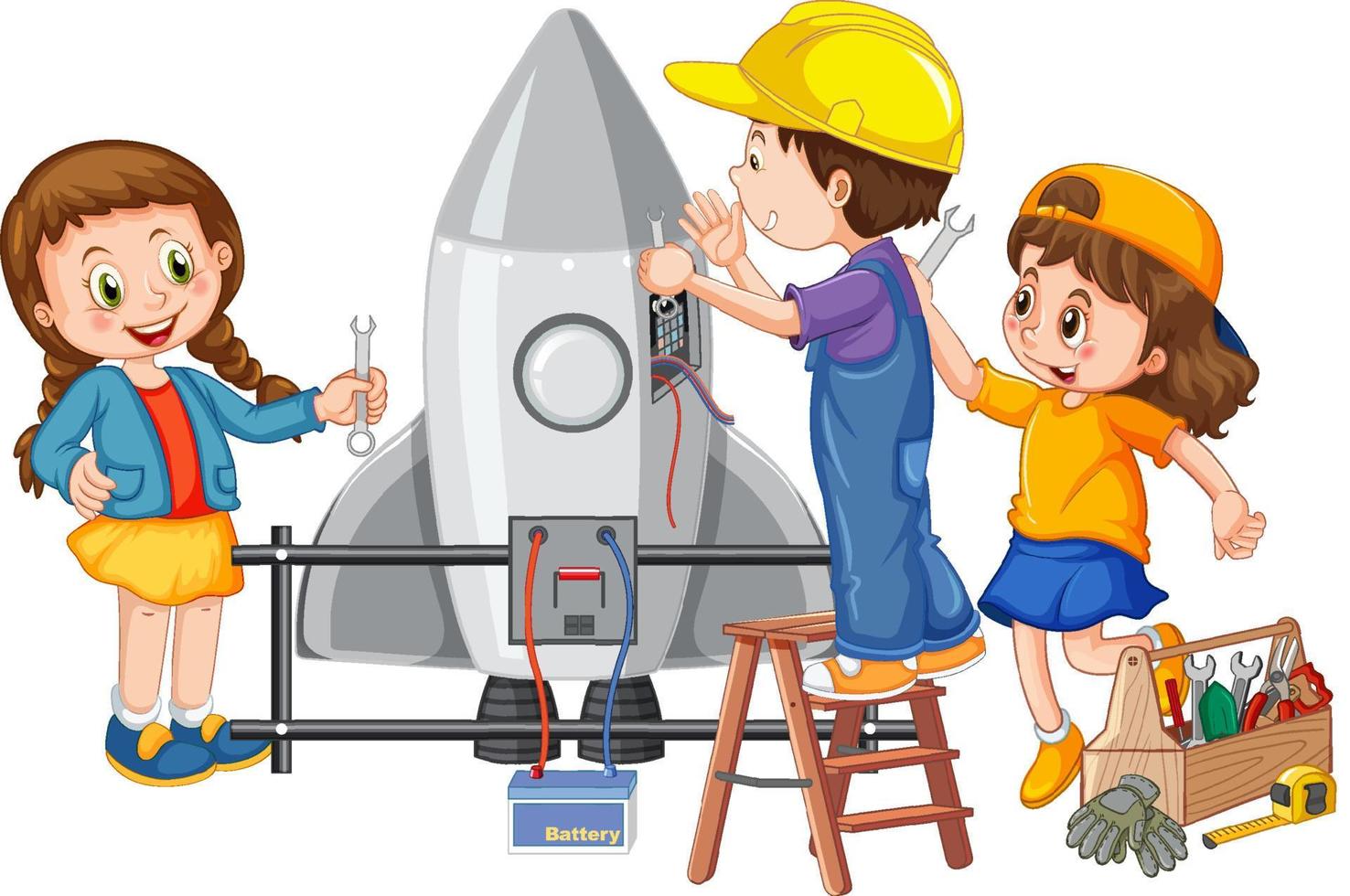 barn fixa en raket tillsammans på vit bakgrund vektor