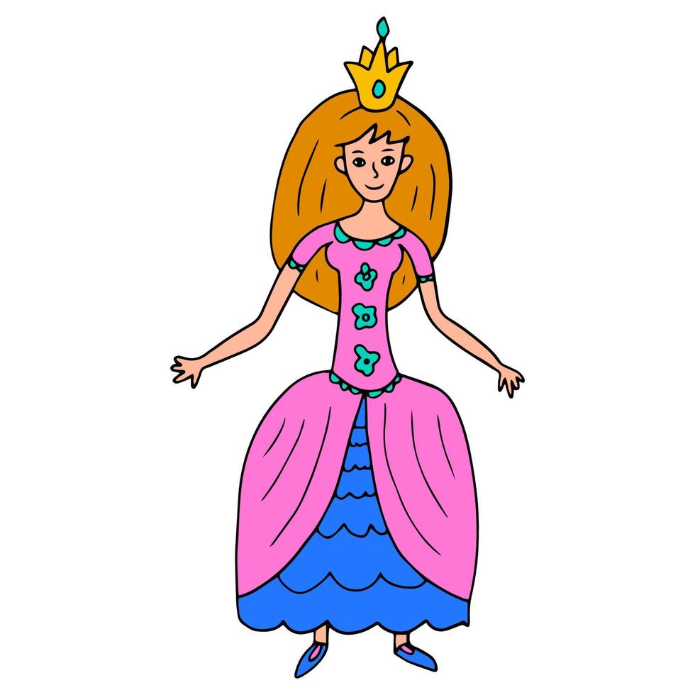 doodle glad fairy prinsessa isolerad på vit bakgrund. vacker historisk klänning. ung dam med krona. vektor