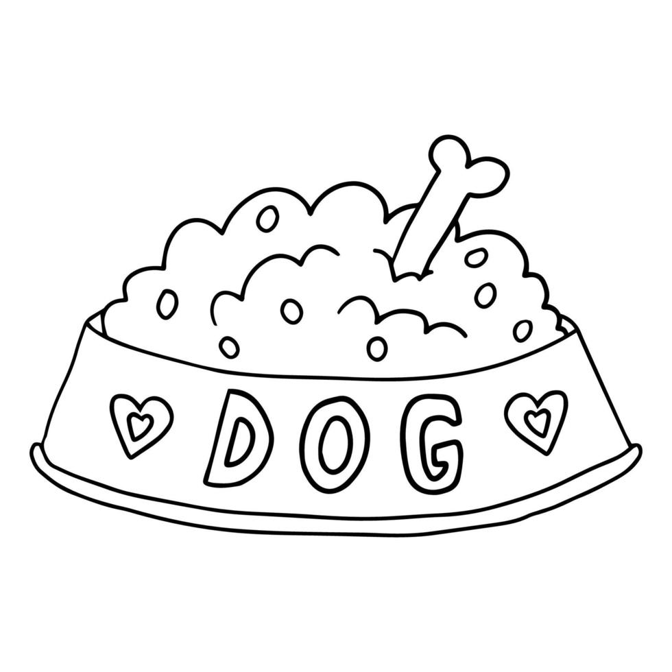 tecknad doodle linjär hundmat i skålen isolerad på vit bakgrund. vektor