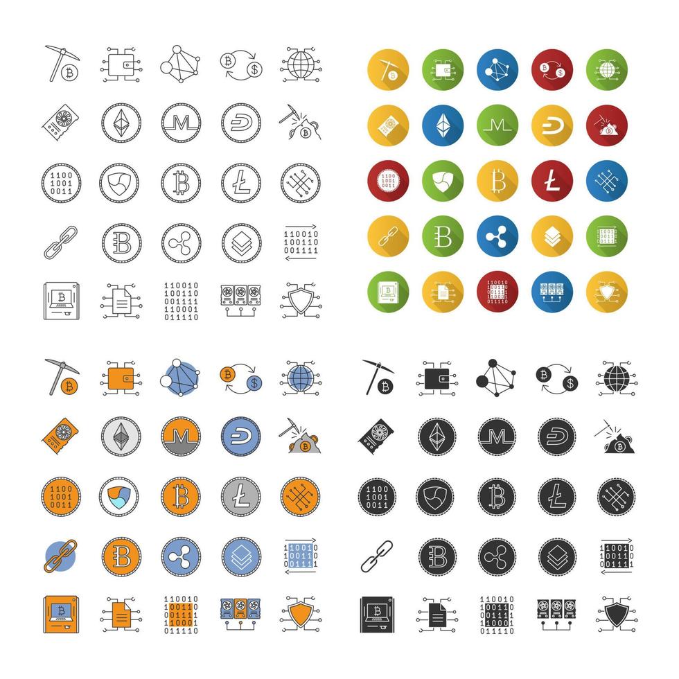 kryptovaluta ikoner set. gruvverksamhet. e-valuta. linjär, platt design, färg och glyfstilar. isolerade vektorillustrationer vektor