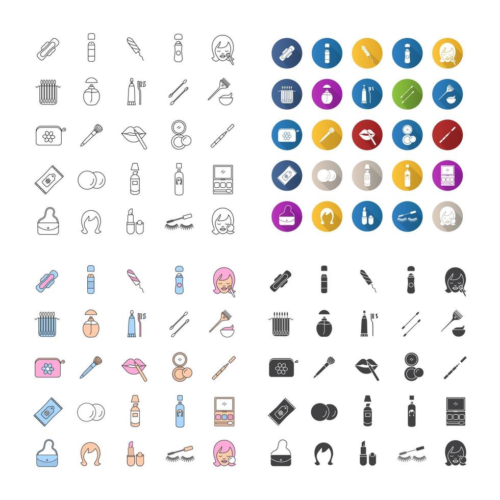 Kosmetik-Icons gesetzt. Toilettenartikel. bilden. lineares, flaches Design, Farb- und Glyphenstile. isolierte Vektorgrafiken vektor