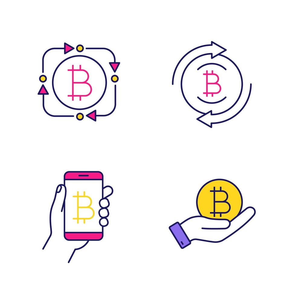 bitcoin cryptocurrency färgikoner set. fintech, bitcoin återbetalning, digital plånbok, mynt i handen. isolerade vektorillustrationer vektor