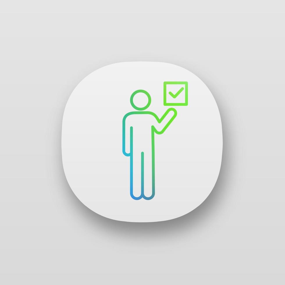 ikon för väljarapp. ui ux användargränssnitt. väljarkår. göra val. person som håller kryssrutan. uttrycka åsikter. webb- eller mobilapplikation. vektor isolerade illustration
