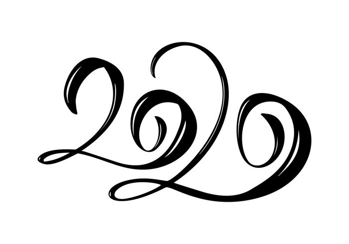 Hand gezeichneter Vektorbeschriftungskalligraphieschwarz-Zahltext 2020 Guten Rutsch ins Neue Jahr-Grußkarte. Weinlese-Weihnachtsillustrationsdesign vektor
