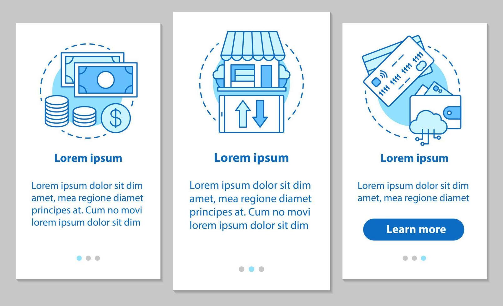 shopping onboarding mobiler app-seitenbildschirm mit linearen konzepten. bargeld, kreditkarten, kaufschritte auswählen grafische anleitung. ux, ui, gui-vektorvorlage mit illustrationen vektor