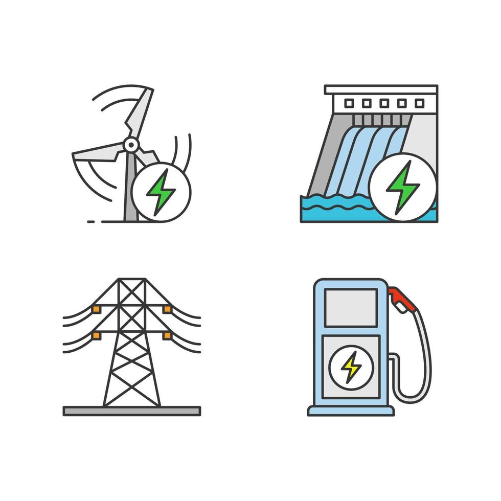 Farbsymbole für elektrische Energie festgelegt. Hochspannungsleitung, Wind- und Wasserenergie, Ladestation für Elektrofahrzeuge. isolierte Vektorgrafiken vektor