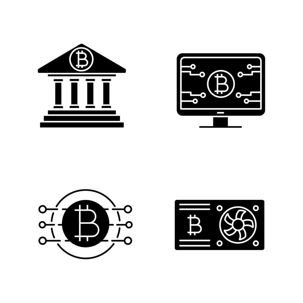 bitcoin cryptocurrency glyph ikoner set. onlinebank, bitcoin officiella webbsida, grafikkort, cpu mining. siluett symboler. vektor isolerade illustration