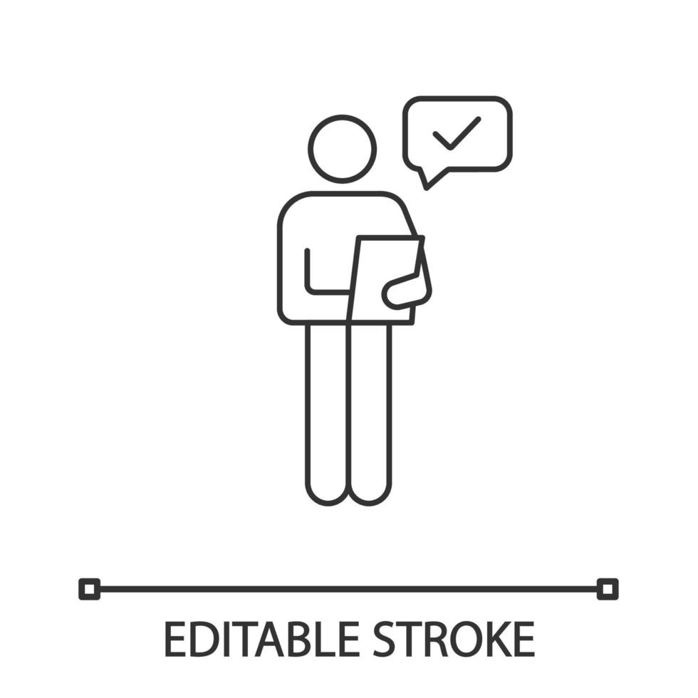 Person, die das lineare Symbol des Dokuments überprüft. Manager. gute Nachrichten oder Ergebnisse. dünne Liniendarstellung. persönliche Empfehlung. hr manager liest lebenslauf. Vektor isoliert Umrisszeichnung. editierbarer Strich