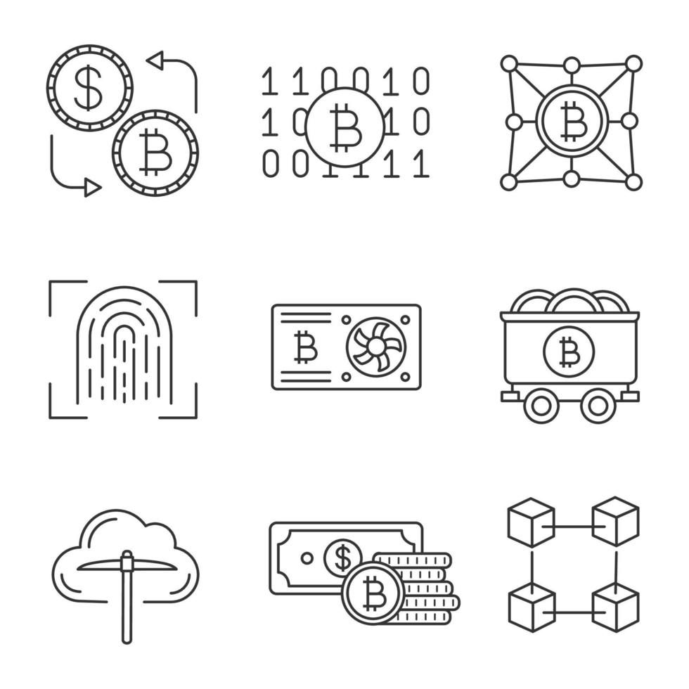 bitcoin cryptocurrency linjära ikoner set. grafikkort, bitcoin-utbyte, binär kod, fingerskanning, minvagn, gruvdrift, pengar, blockchain, fintech. isolerade vektor kontur illustrationer. redigerbar linje